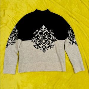 LOFT Warm Thick Holiday Snowflake Mock Neck Tunic Sweater | Black & Beige